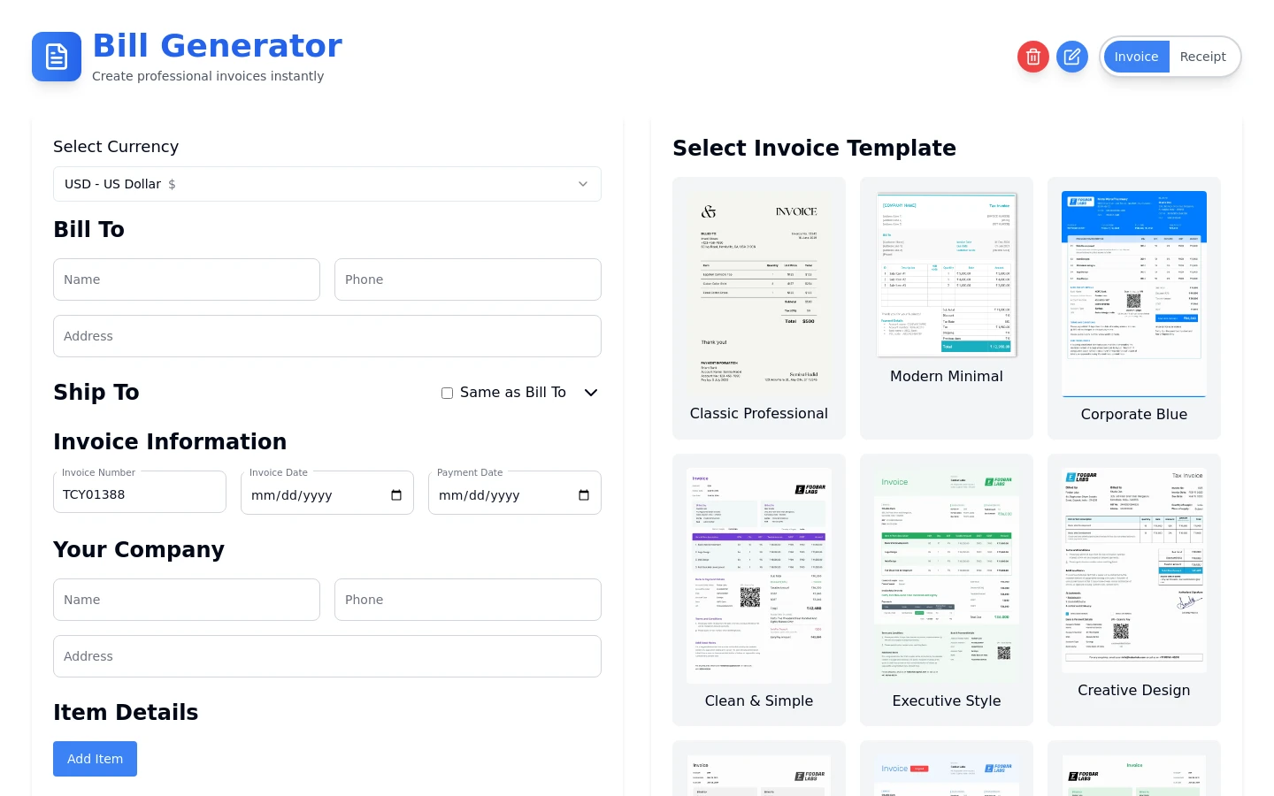 Invoice & Receipt Generator - Create Professional Invoices & Receipts Online